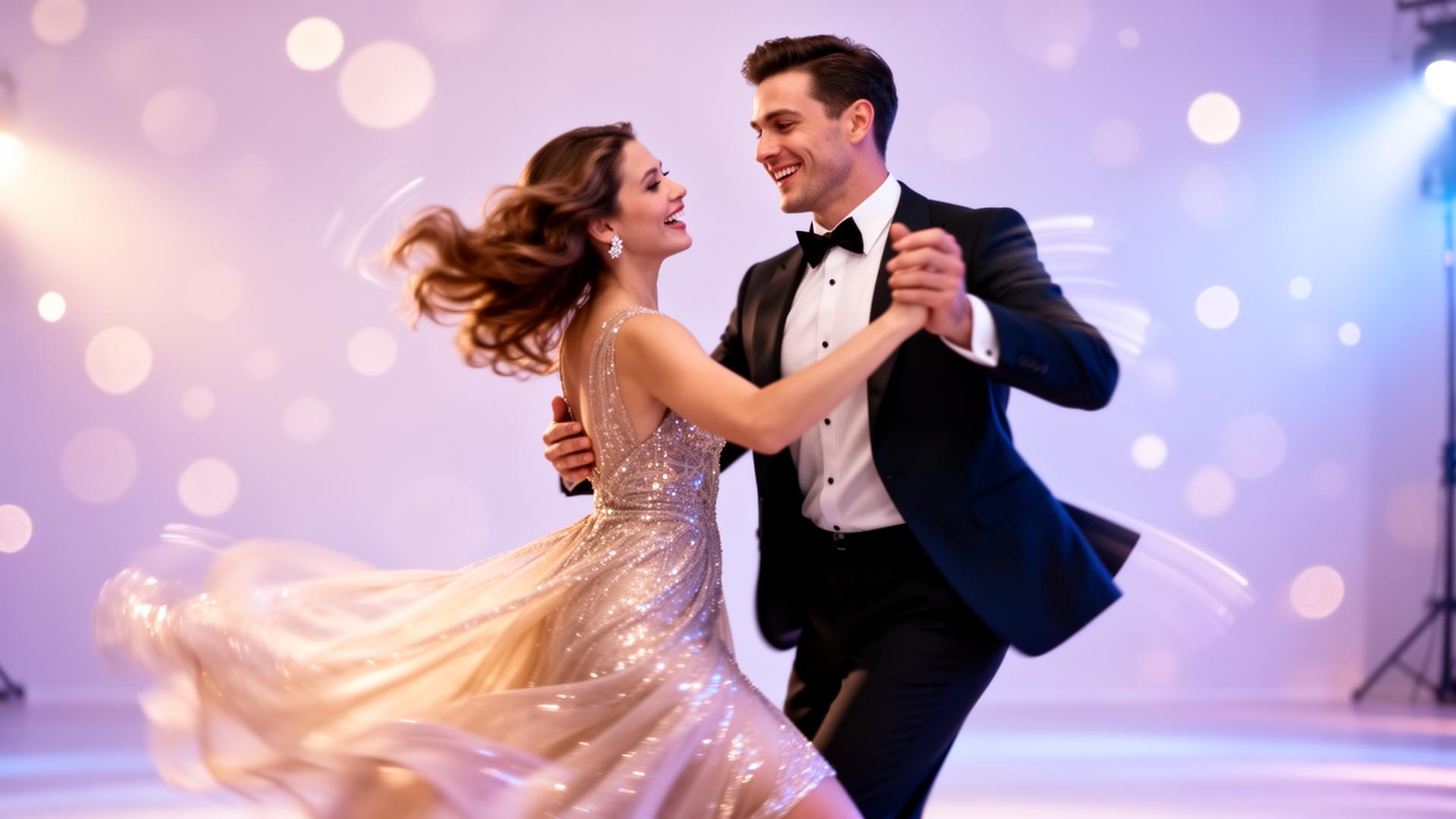 Couple en train de danser, ambiance joyeuse et lumineuse